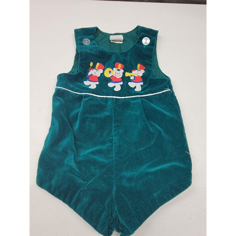 VTG 80s GREEN VELVET XMAS HOLIDAY ROMPER Marching Band Bears SZ 3-6 MO BOY